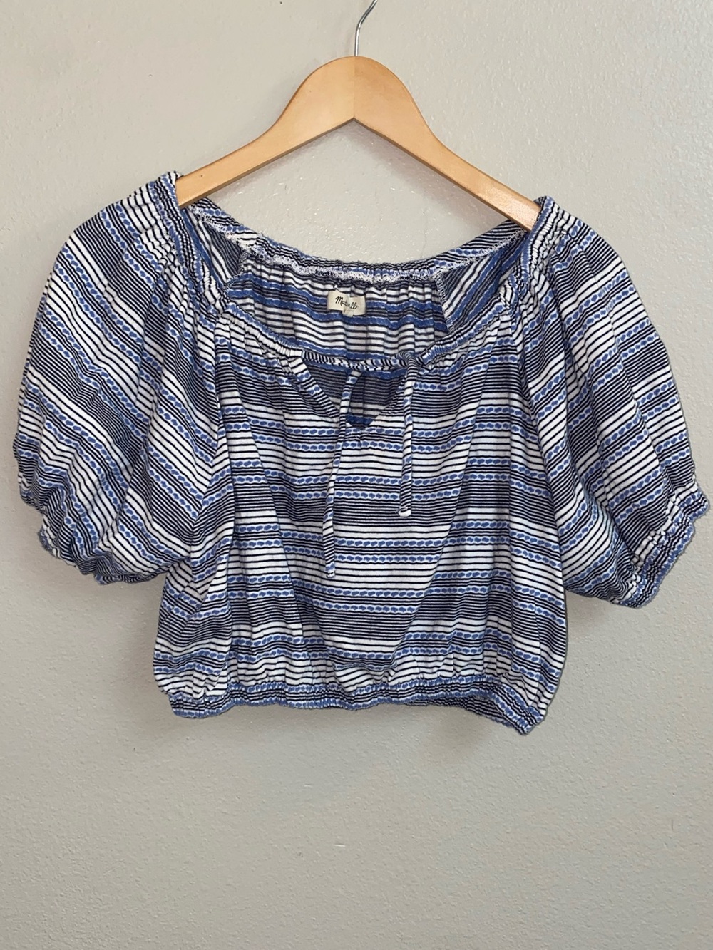 Madewell Striped Jacquard Keyhole Puff Sleeve Crop Top Blue White Blouse Size M